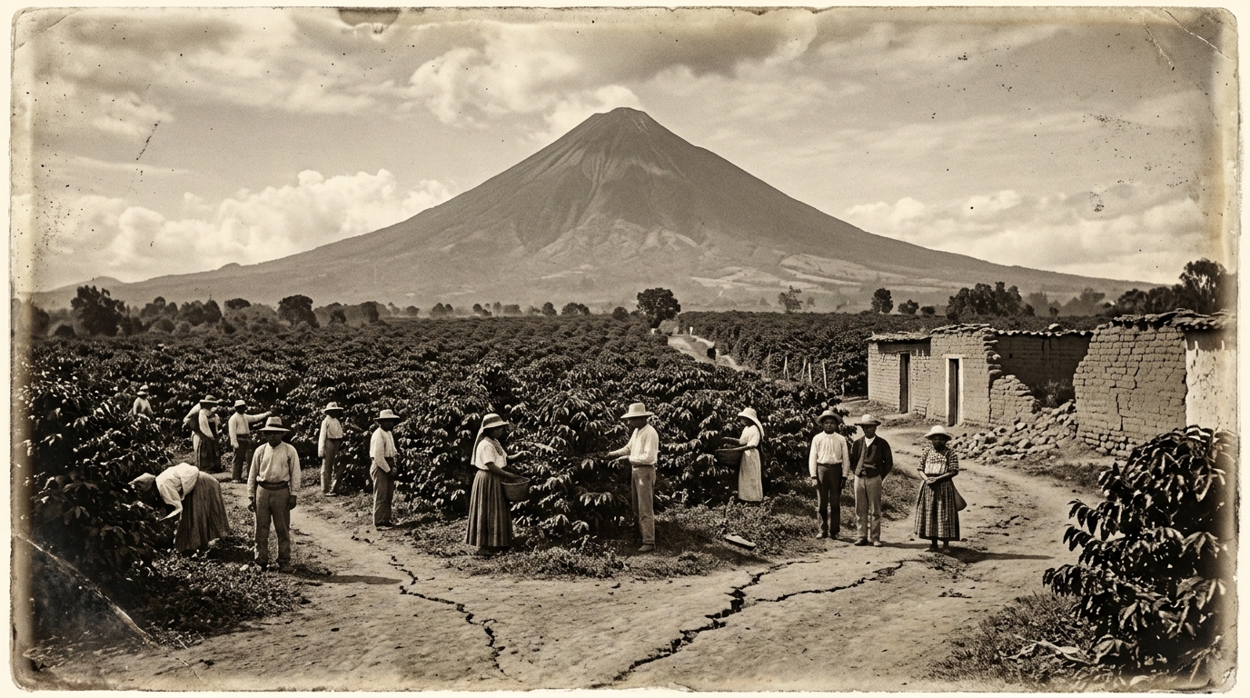 Campesinos trabajando en un cafetal histórico frente a un volcán Santa Maria, reconstruccion por IA.