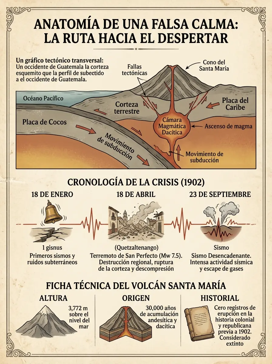 Infografía técnica sobre la actividad tectónica y noticias históricas de Guatemala relacionadas con el despertar del Volcán Santa María en 1902.