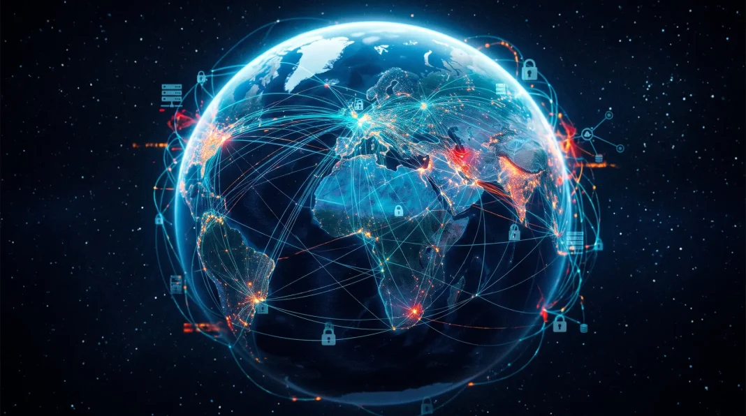 Representación del planeta Tierra con redes digitales y candados de seguridad ante una alerta para las web a nivel mundial.