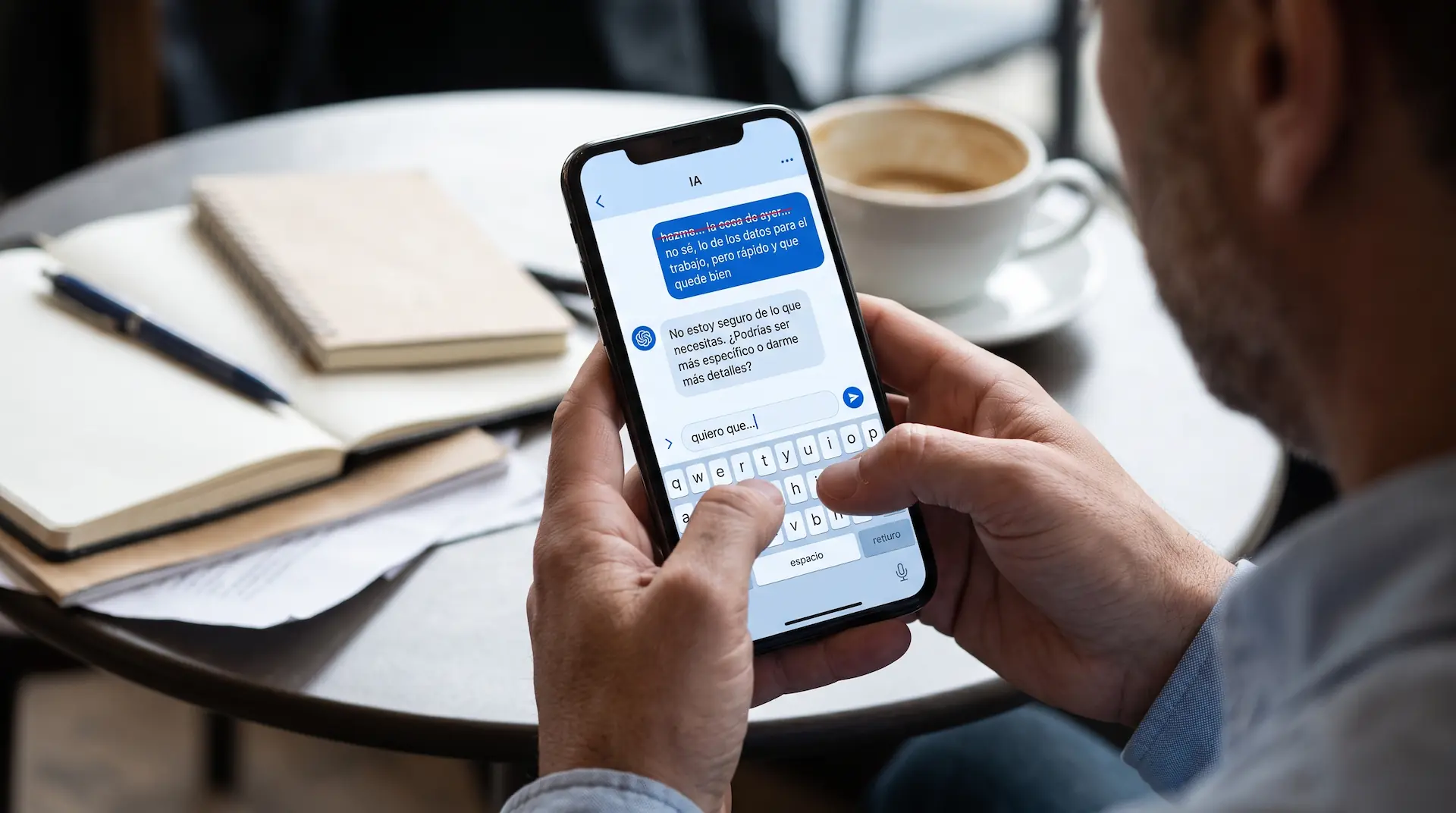 Persona sosteniendo un smartphone con una aplicación de chat de IA que muestra un mensaje vago y una respuesta de error por falta de claridad.