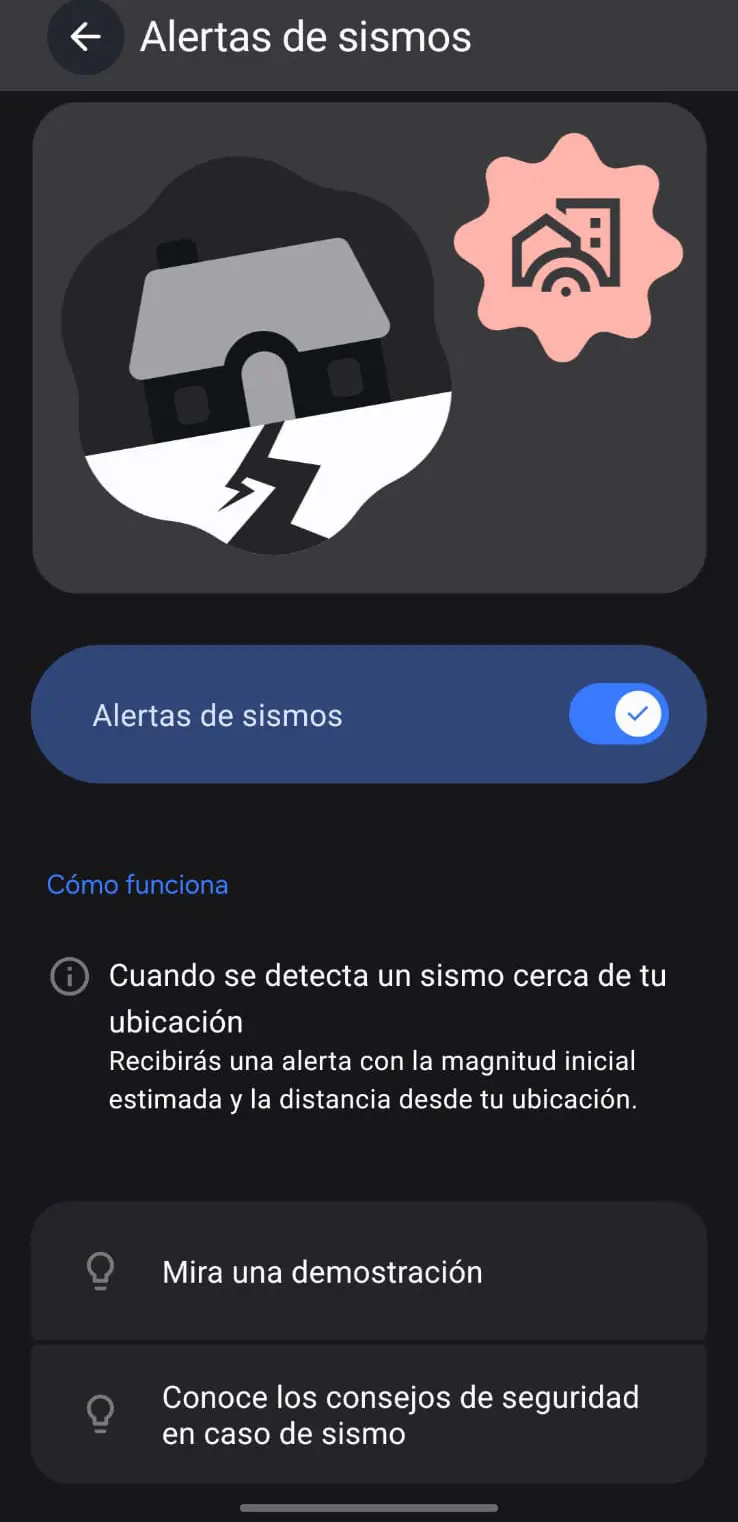 Captura de pantalla de la interfaz de notificación de Alerta de Sismos en teléfono móvil.